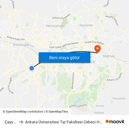 Çayyolu to Ankara Üniversitesi Tıp Fakültesi Cebeci Hastanesi map