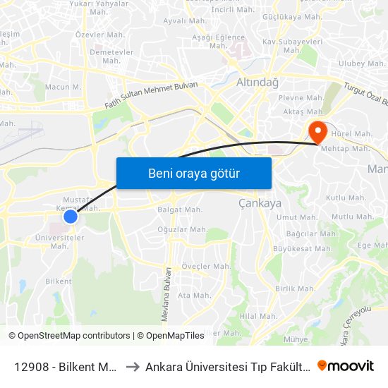 12908 - Bilkent Metro İstasyonu to Ankara Üniversitesi Tıp Fakültesi Cebeci Hastanesi map