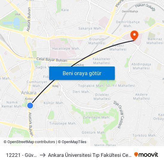 12221 - Güvenpark to Ankara Üniversitesi Tıp Fakültesi Cebeci Hastanesi map