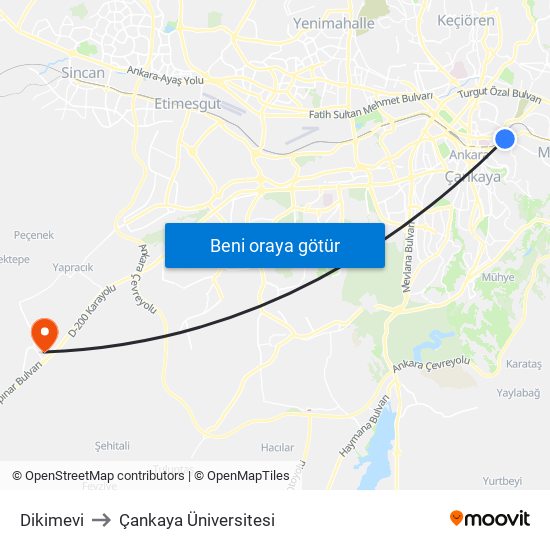 Dikimevi to Çankaya Üniversitesi map