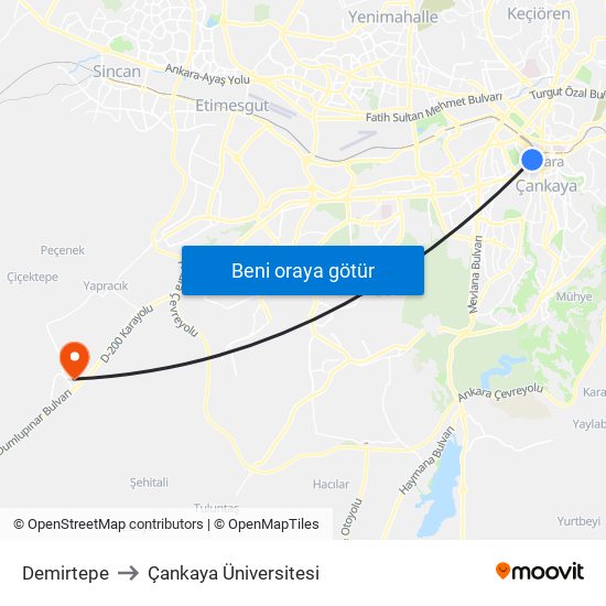Demirtepe to Çankaya Üniversitesi map