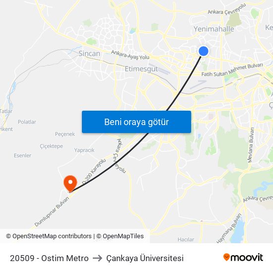 20509 - Ostim Metro to Çankaya Üniversitesi map