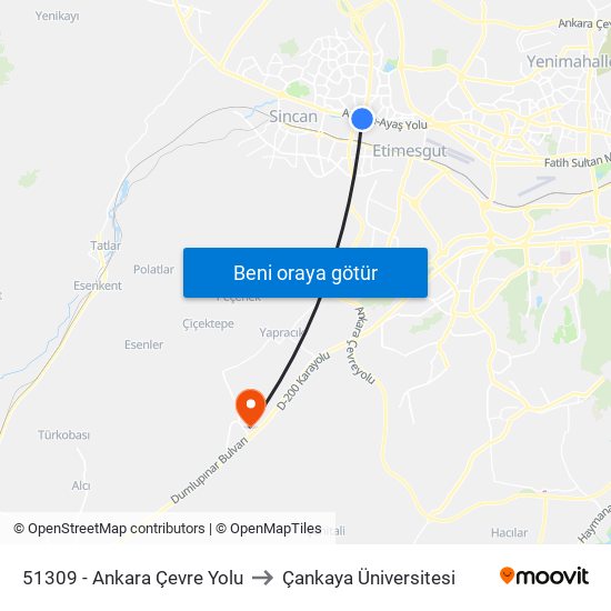 51309 - Ankara Çevre Yolu to Çankaya Üniversitesi map
