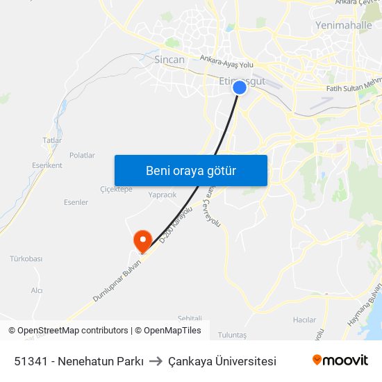 51341 - Nenehatun Parkı to Çankaya Üniversitesi map