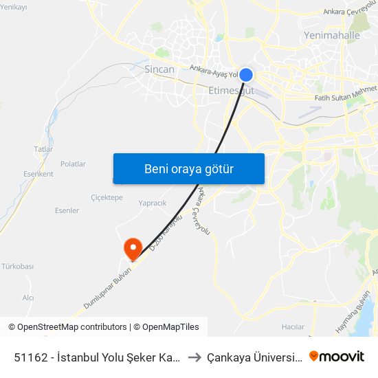 51162 - İstanbul Yolu Şeker Kavşağı to Çankaya Üniversitesi map