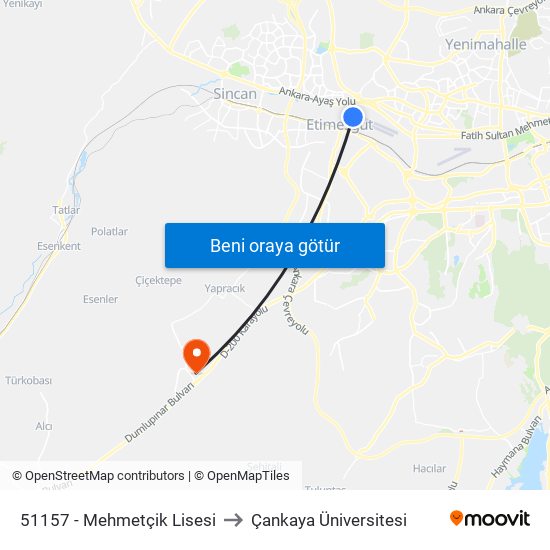 51157 - Mehmetçik Lisesi to Çankaya Üniversitesi map