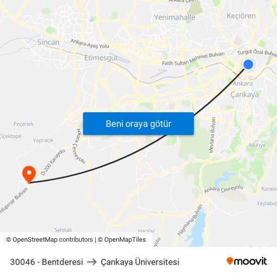 30046 - Bentderesi to Çankaya Üniversitesi map