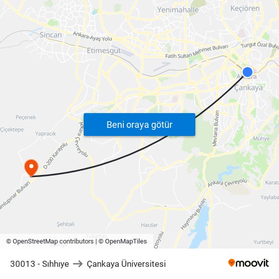 30013 - Sıhhıye to Çankaya Üniversitesi map