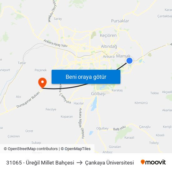 31065 - Üreğil Millet Bahçesi to Çankaya Üniversitesi map