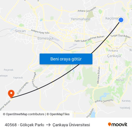 40568 - Gökçek Parkı to Çankaya Üniversitesi map