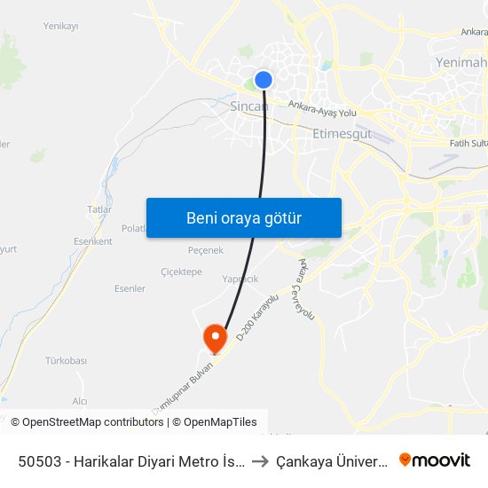 50503 - Harikalar Diyari Metro İstasyonu to Çankaya Üniversitesi map