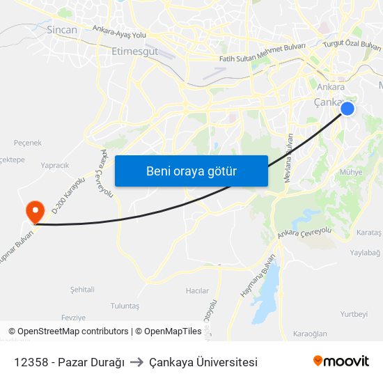 12358 - Pazar Durağı to Çankaya Üniversitesi map