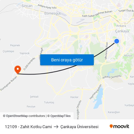 12109 - Zahit Kotku Cami to Çankaya Üniversitesi map