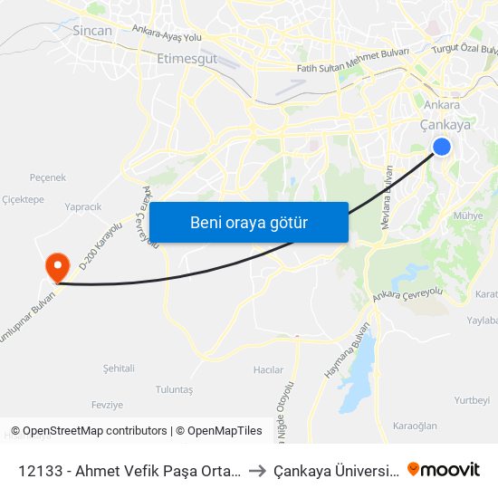 12133 - Ahmet Vefik Paşa Ortaokulu to Çankaya Üniversitesi map