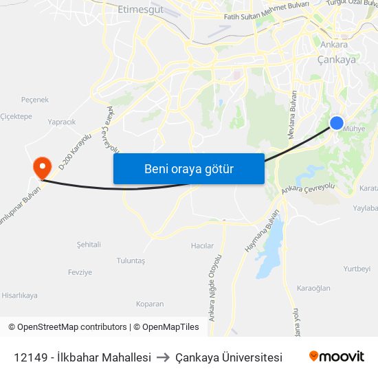 12149 - İlkbahar Mahallesi to Çankaya Üniversitesi map