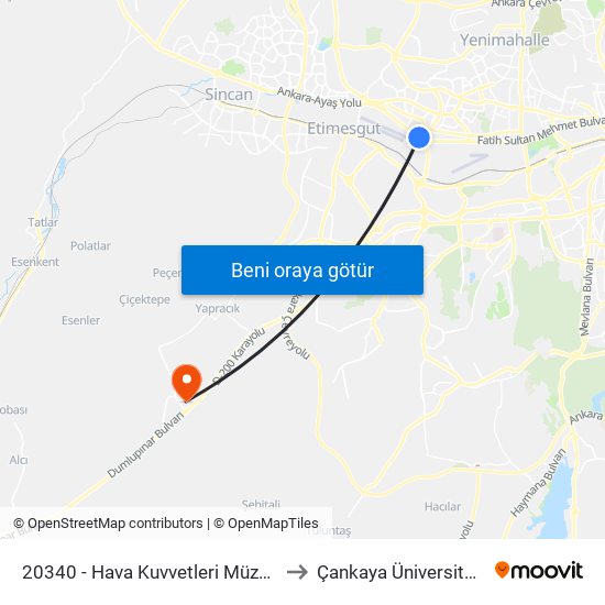 20340 - Hava Kuvvetleri Müzesi to Çankaya Üniversitesi map