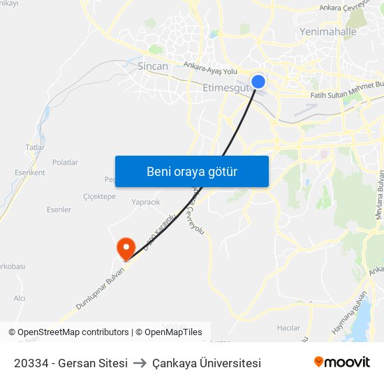 20334 - Gersan Sitesi to Çankaya Üniversitesi map