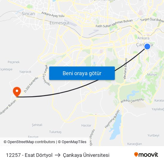 12257 - Esat Dörtyol to Çankaya Üniversitesi map