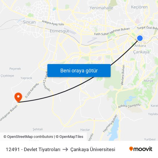 12491 - Devlet Tiyatroları to Çankaya Üniversitesi map