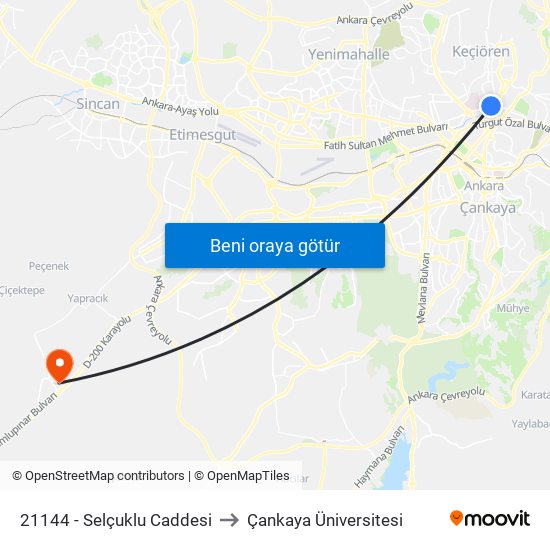 21144 - Selçuklu Caddesi to Çankaya Üniversitesi map