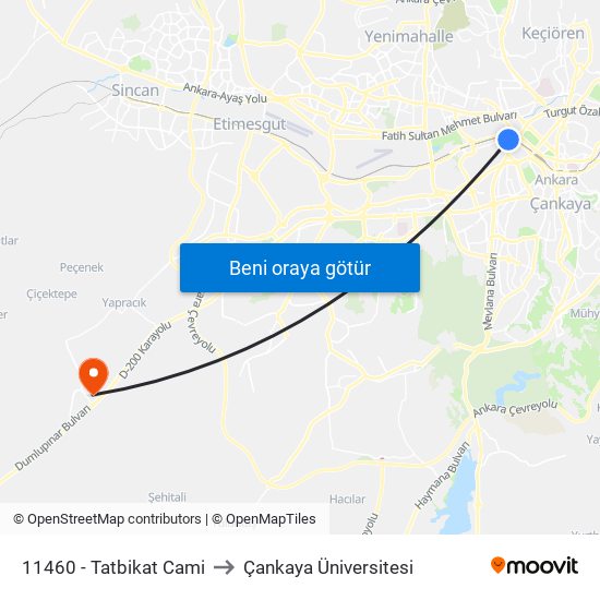 11460 - Tatbikat Cami to Çankaya Üniversitesi map