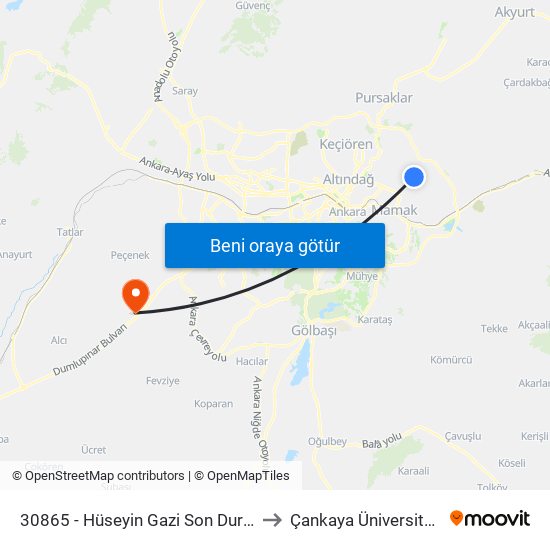 30865 - Hüseyin Gazi Son Durak to Çankaya Üniversitesi map