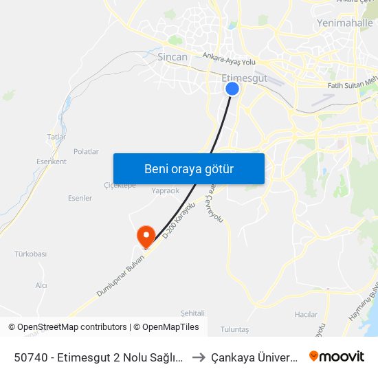 50740 - Etimesgut 2 Nolu Sağlık Ocağı to Çankaya Üniversitesi map