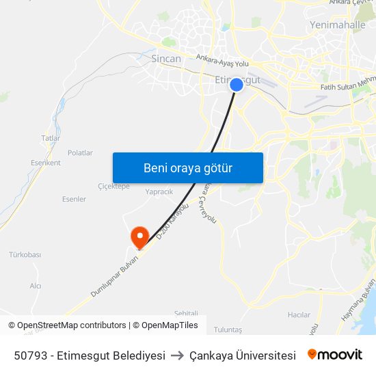 50793 - Etimesgut Belediyesi to Çankaya Üniversitesi map