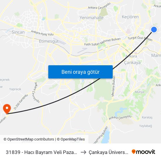 31839 - Hacı Bayram Veli Pazar Alanı to Çankaya Üniversitesi map