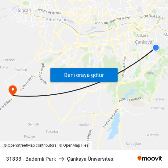 31838 - Bademli Park to Çankaya Üniversitesi map