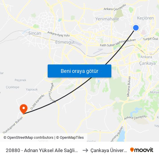 20880 - Adnan Yüksel Aile Sağlik Merkezi to Çankaya Üniversitesi map