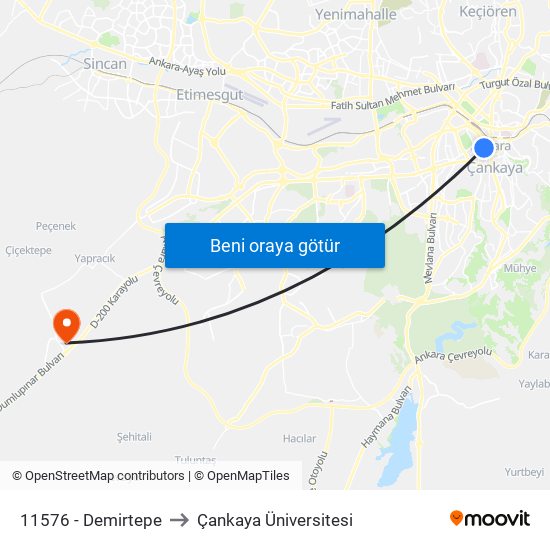 11576 - Demirtepe to Çankaya Üniversitesi map