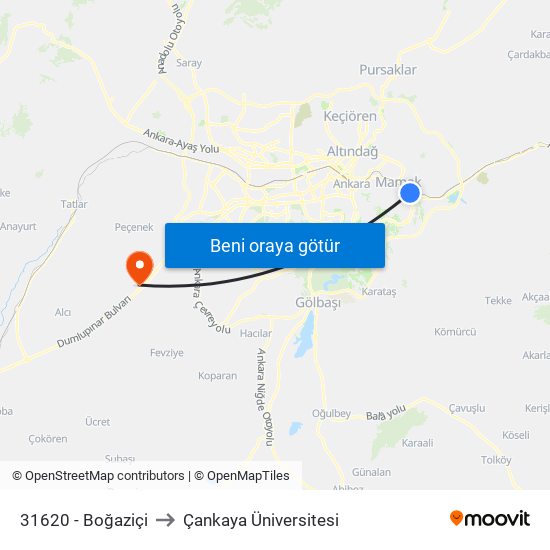 31620 - Boğaziçi to Çankaya Üniversitesi map