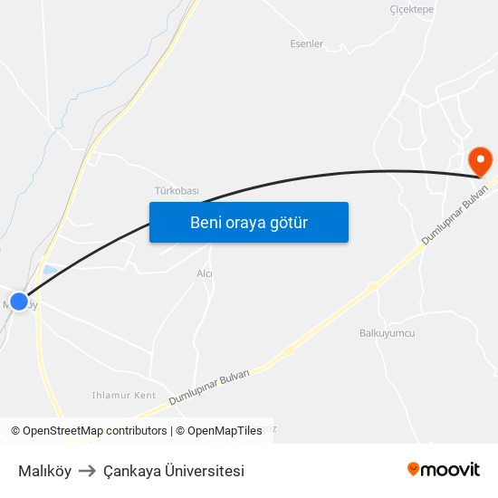 Malıköy to Çankaya Üniversitesi map