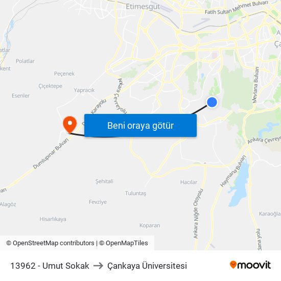 13962 - Umut Sokak to Çankaya Üniversitesi map