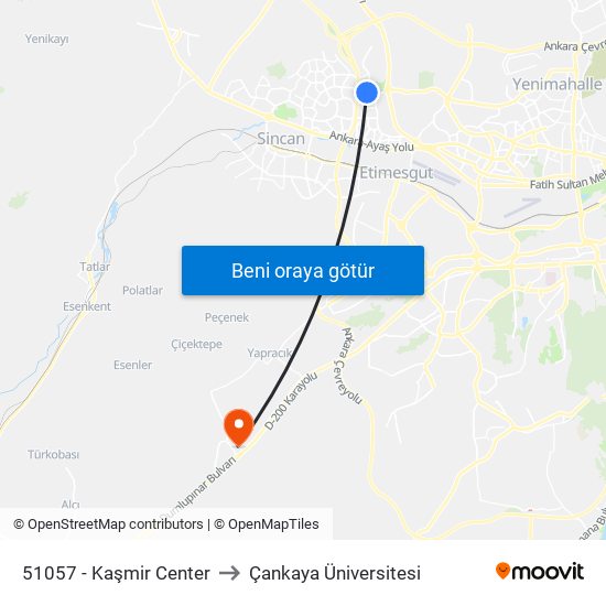 51057 - Kaşmir Center to Çankaya Üniversitesi map