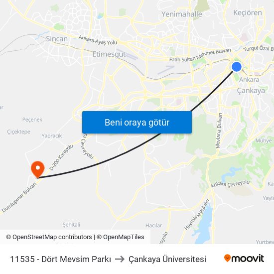 11535 - Dört Mevsim Parkı to Çankaya Üniversitesi map