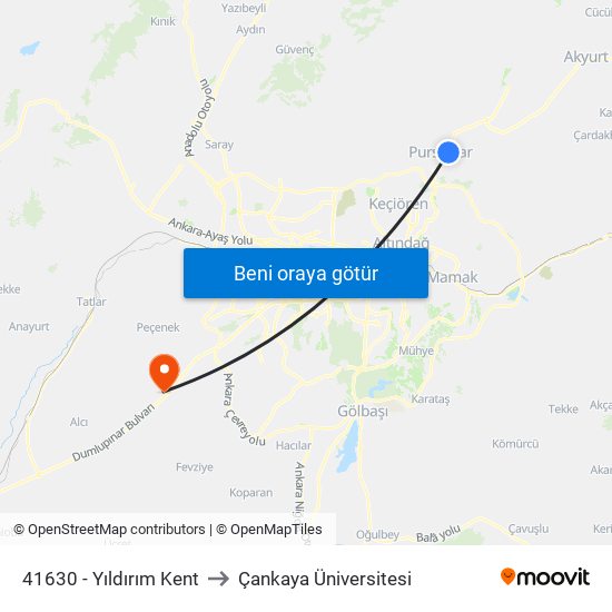 41630 - Yıldırım Kent to Çankaya Üniversitesi map