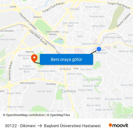 30122 - Dikimevi to Başkent Üniversitesi Hastanesi map