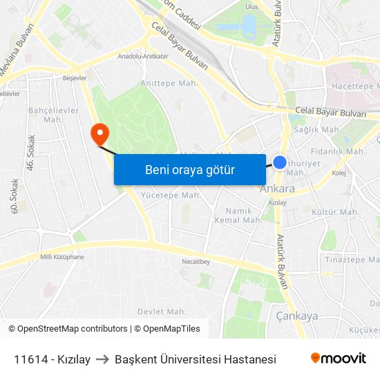 11614 - Kızılay to Başkent Üniversitesi Hastanesi map