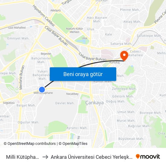 Milli Kütüphane to Ankara Üniversitesi Cebeci Yerleşkesi map