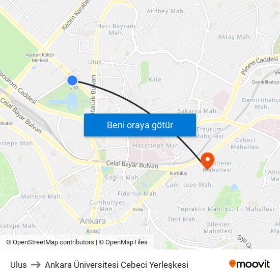 Ulus to Ankara Üniversitesi Cebeci Yerleşkesi map