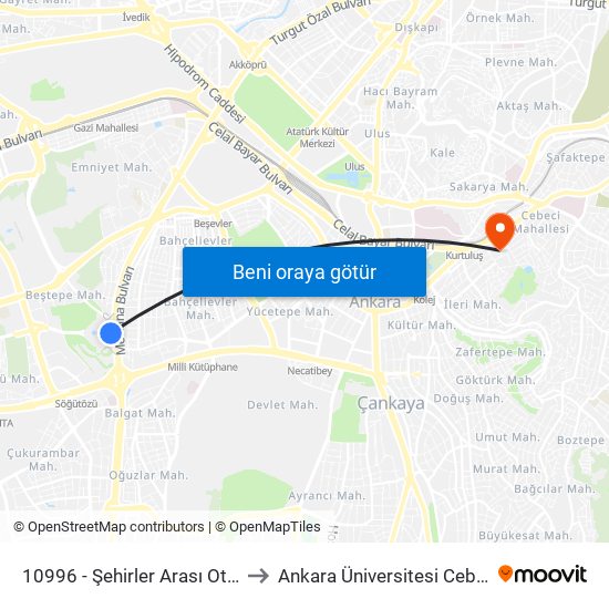 10996 - Şehirler Arası Otobüs Teminali to Ankara Üniversitesi Cebeci Yerleşkesi map