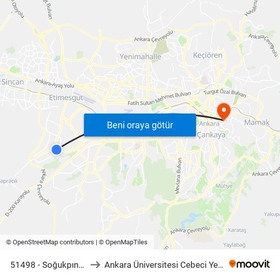 51498 - Soğukpınar Cd. to Ankara Üniversitesi Cebeci Yerleşkesi map