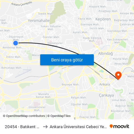 20454 - Batıkent Metro to Ankara Üniversitesi Cebeci Yerleşkesi map