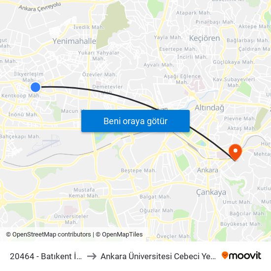 20464 - Batıkent İtfaiye to Ankara Üniversitesi Cebeci Yerleşkesi map