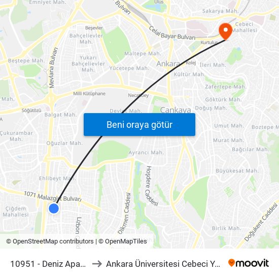 10951 - Deniz Apartmanı to Ankara Üniversitesi Cebeci Yerleşkesi map