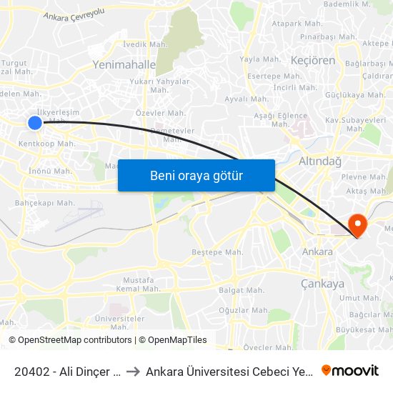 20402 - Ali Dinçer Parkı to Ankara Üniversitesi Cebeci Yerleşkesi map