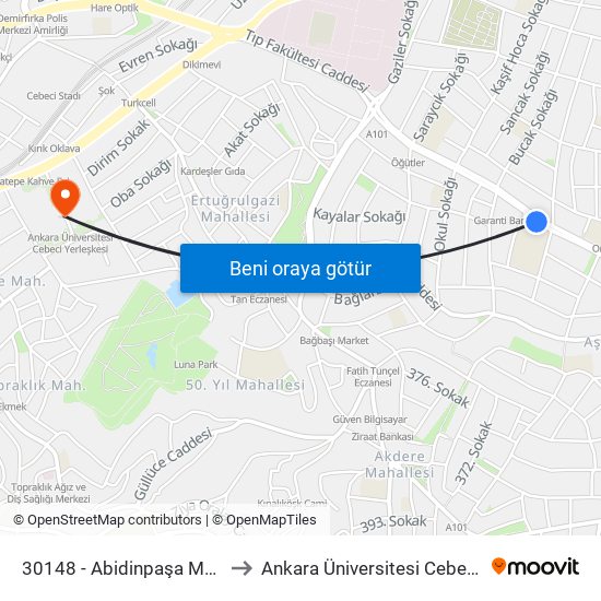 30148 - Abidinpaşa Meslek Lisesi to Ankara Üniversitesi Cebeci Yerleşkesi map