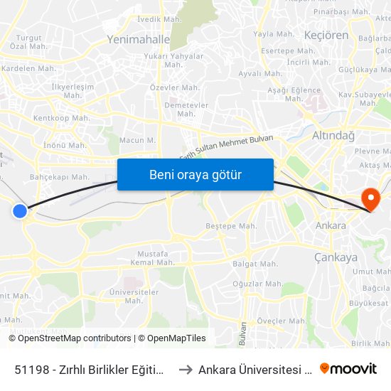 51198 - Zırhlı Birlikler Eğitim Ve Tümen Komutanlığı to Ankara Üniversitesi Cebeci Yerleşkesi map